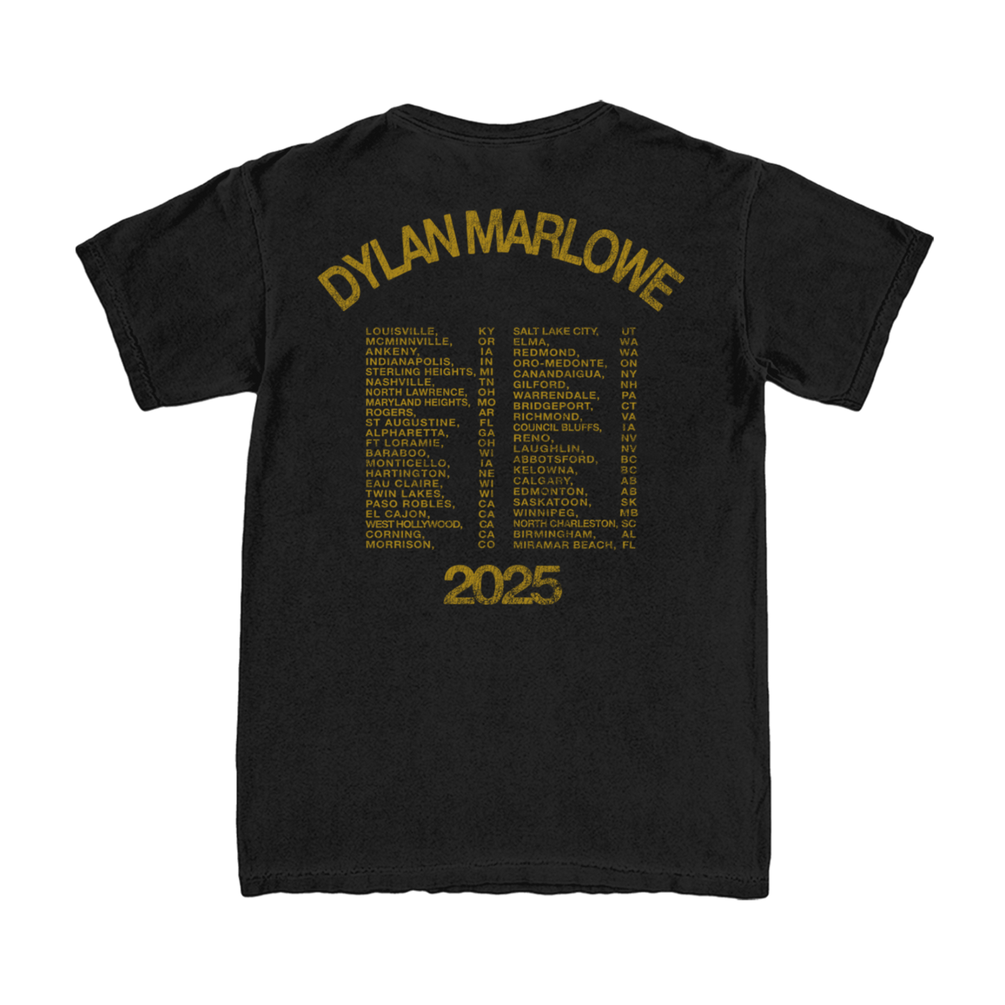 Black t-shirt with yellow text of Dy;an's 2025 tour cities on the back