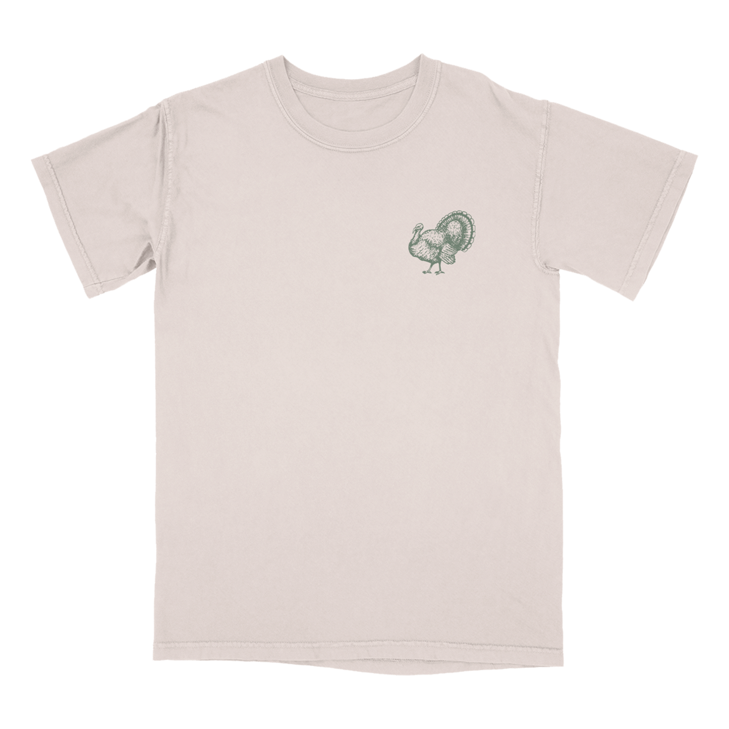 Beige t-shirt with a green turkey illustration on the front chest