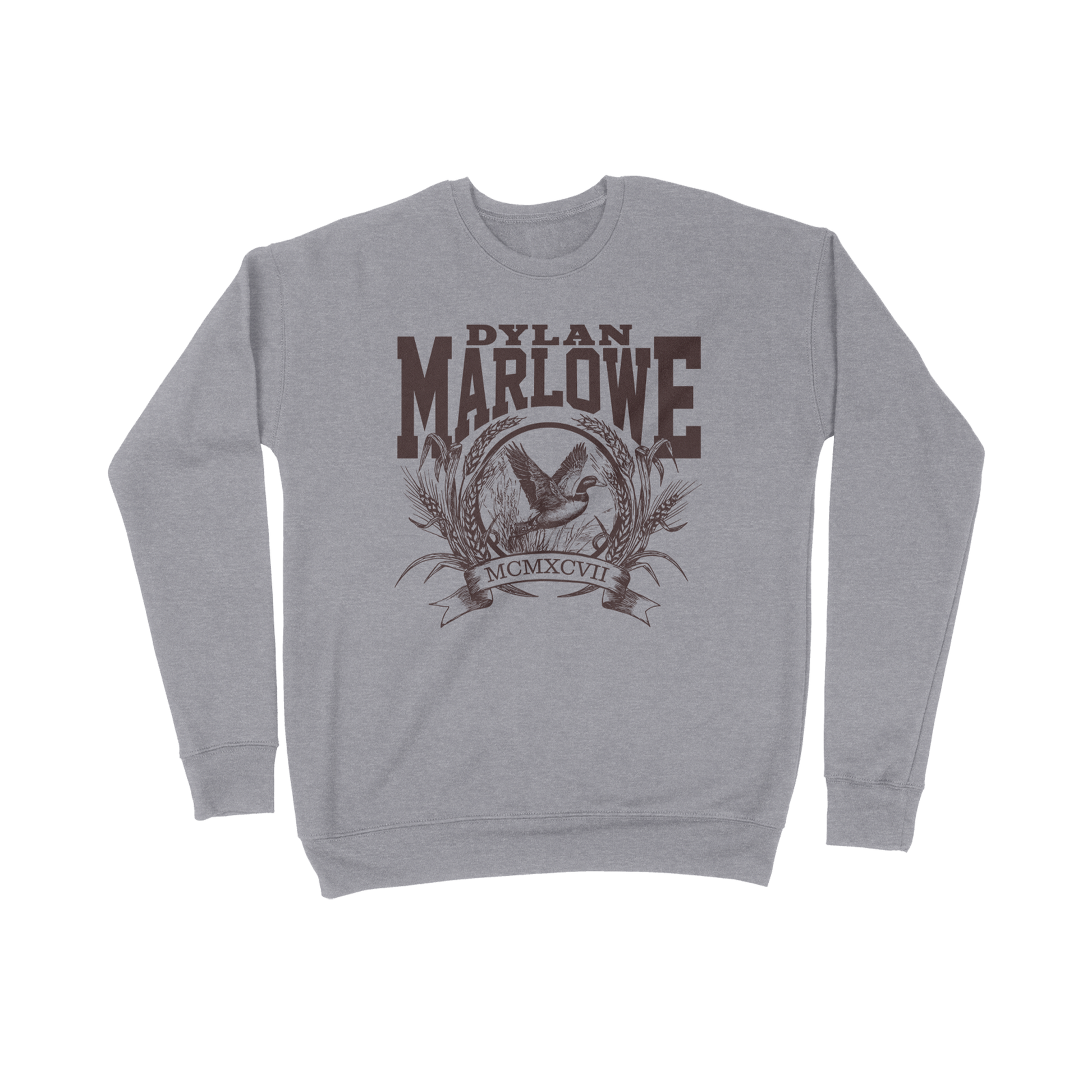 Gray sweatshirt with 'Dylan Marlowe' design on the front