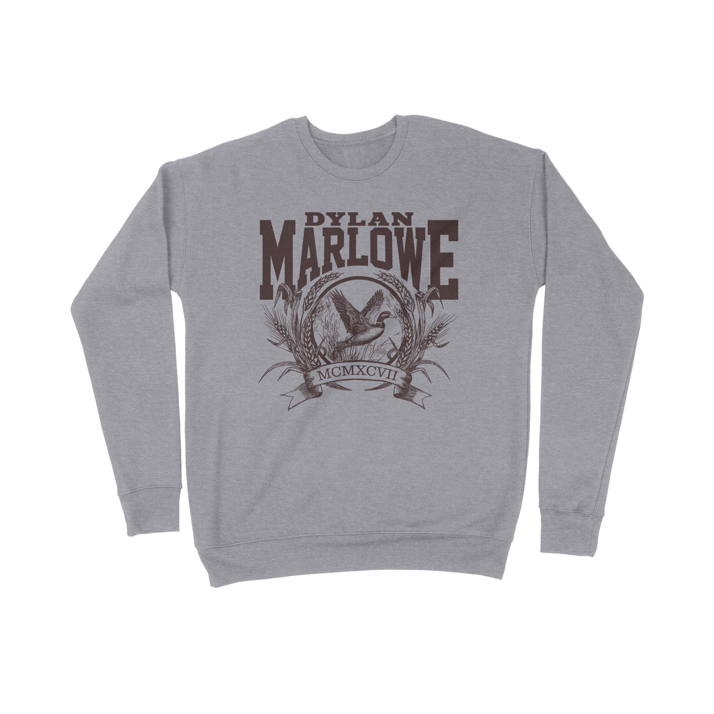 Gray sweatshirt with 'Dylan Marlowe' design on the front