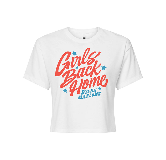 White cropped tee with 'Girls Back Home Dylan Marling' text print on the front, decorated with blue stars.