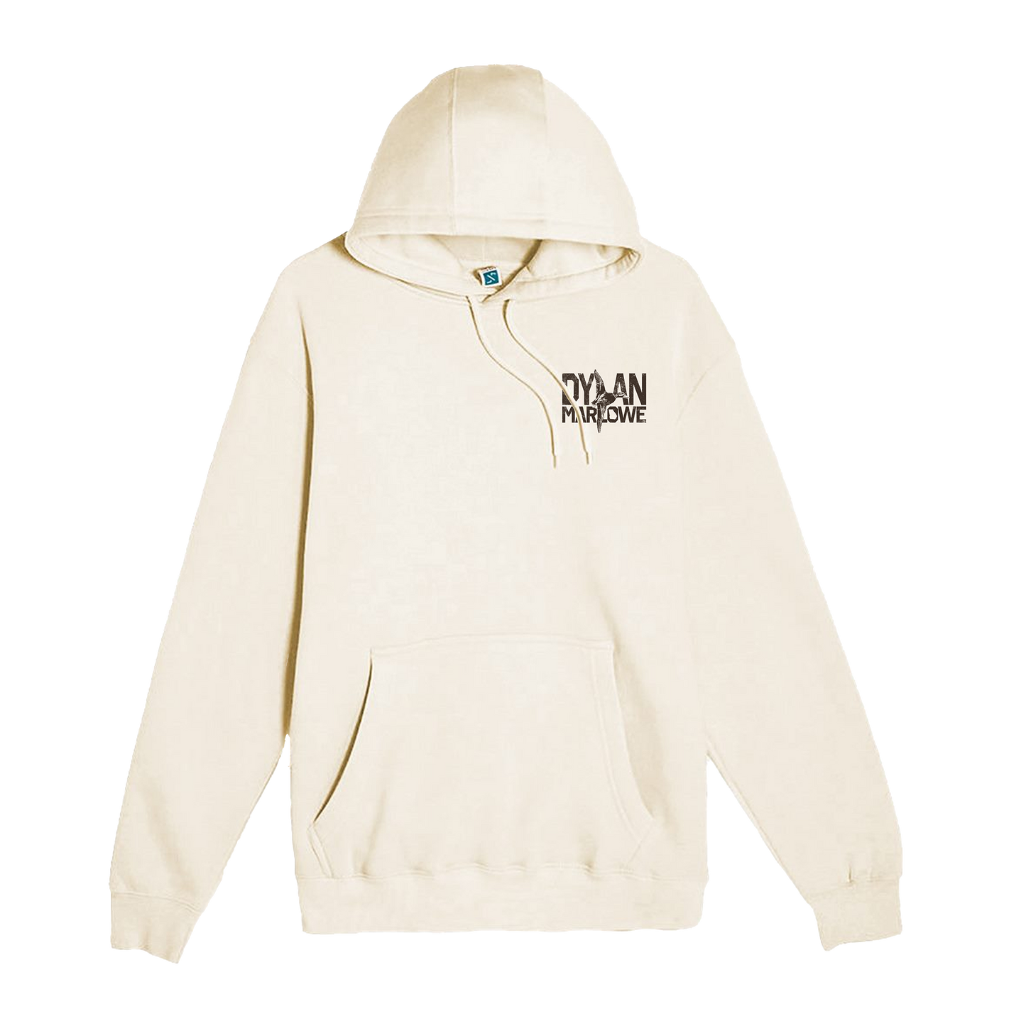 An off-white cream pullover hoodie with a black graphic print on the left chest reading 'DYLAN MARLOWE' with a duck illustration