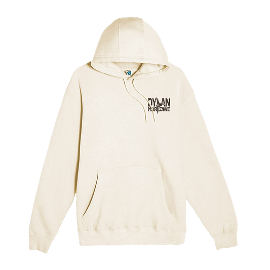 An off-white cream pullover hoodie with a black graphic print on the left chest reading 'DYLAN MARLOWE' with a duck illustration