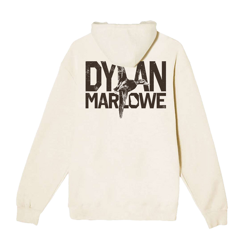 An off-white hooded sweatshirt shown from the back, featuring a large distressed black graphic print that reads 'DYLAN MARLOWE' with a bird illustration integrated into the design.