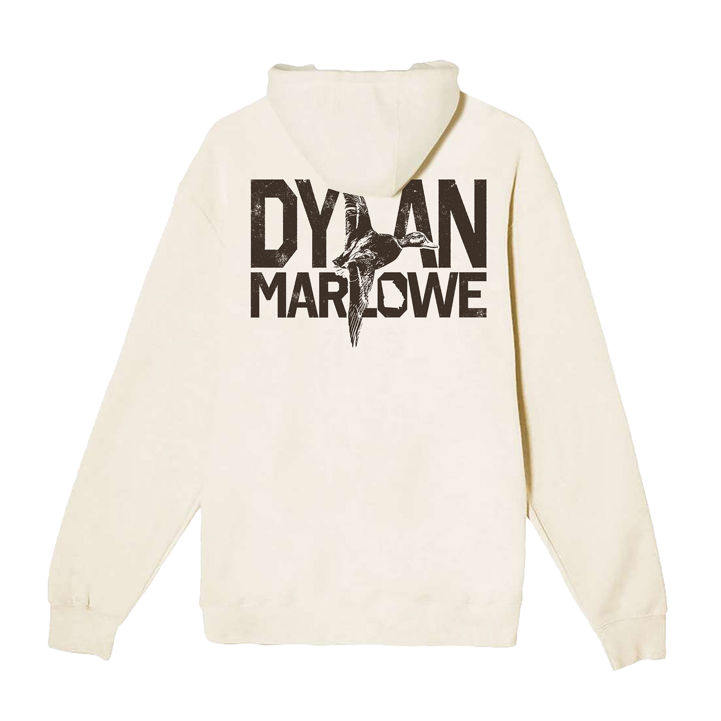 An off-white hooded sweatshirt shown from the back, featuring a large distressed black graphic print that reads 'DYLAN MARLOWE' with a bird illustration integrated into the design.