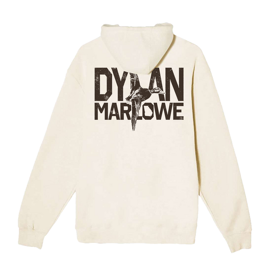 An off-white hooded sweatshirt shown from the back, featuring a large distressed black graphic print that reads 'DYLAN MARLOWE' with a bird illustration integrated into the design.